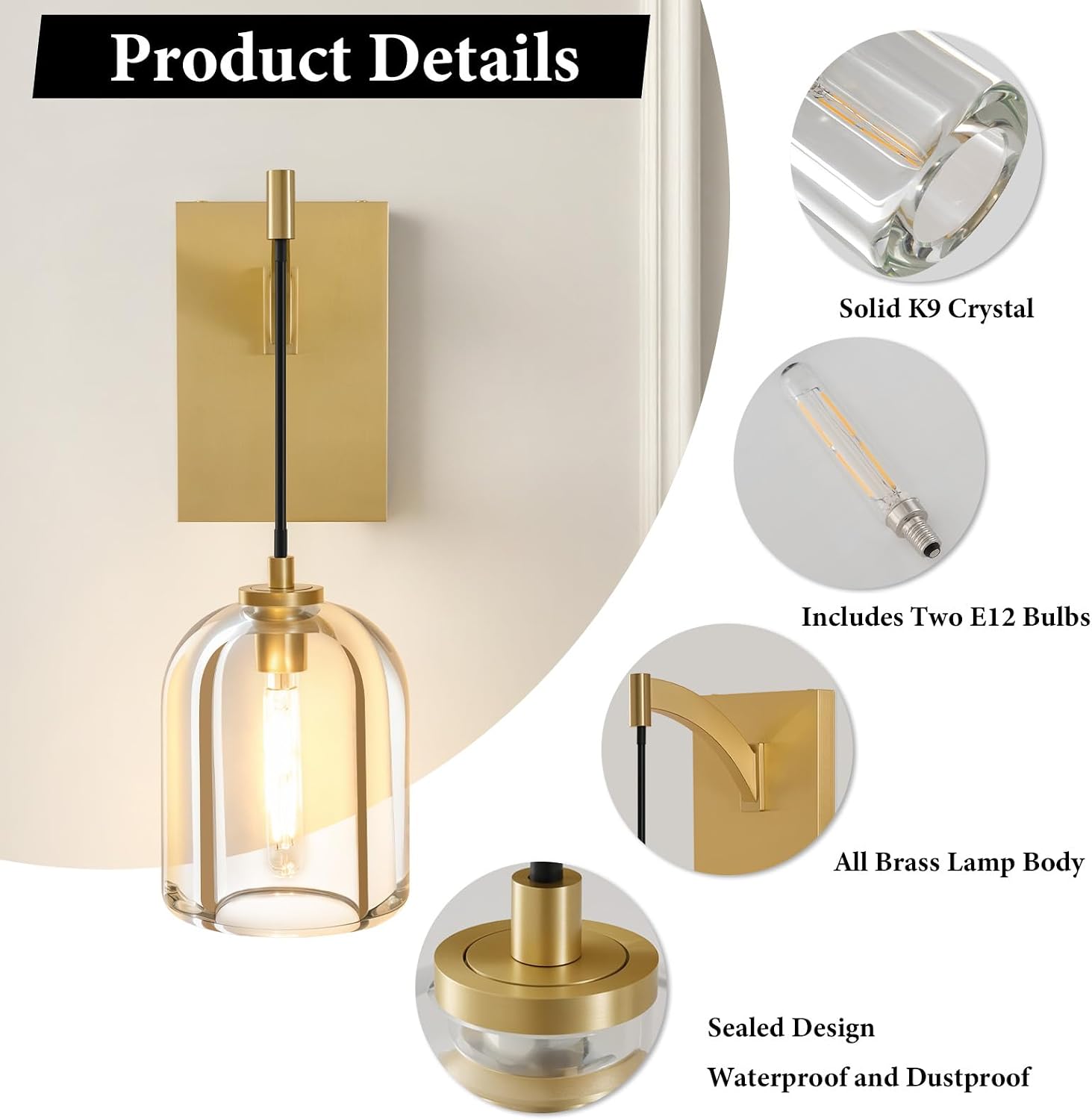 Crystal Brass Hemisphere Wall Sconce - Set of 2 Gold Brushed Dimmable Sconces with Bulbs - Luxury Indoor Lighting Fixture - Modern Hanging Light Decor for Bedroom Living Room Bathroom Vanity Hallway