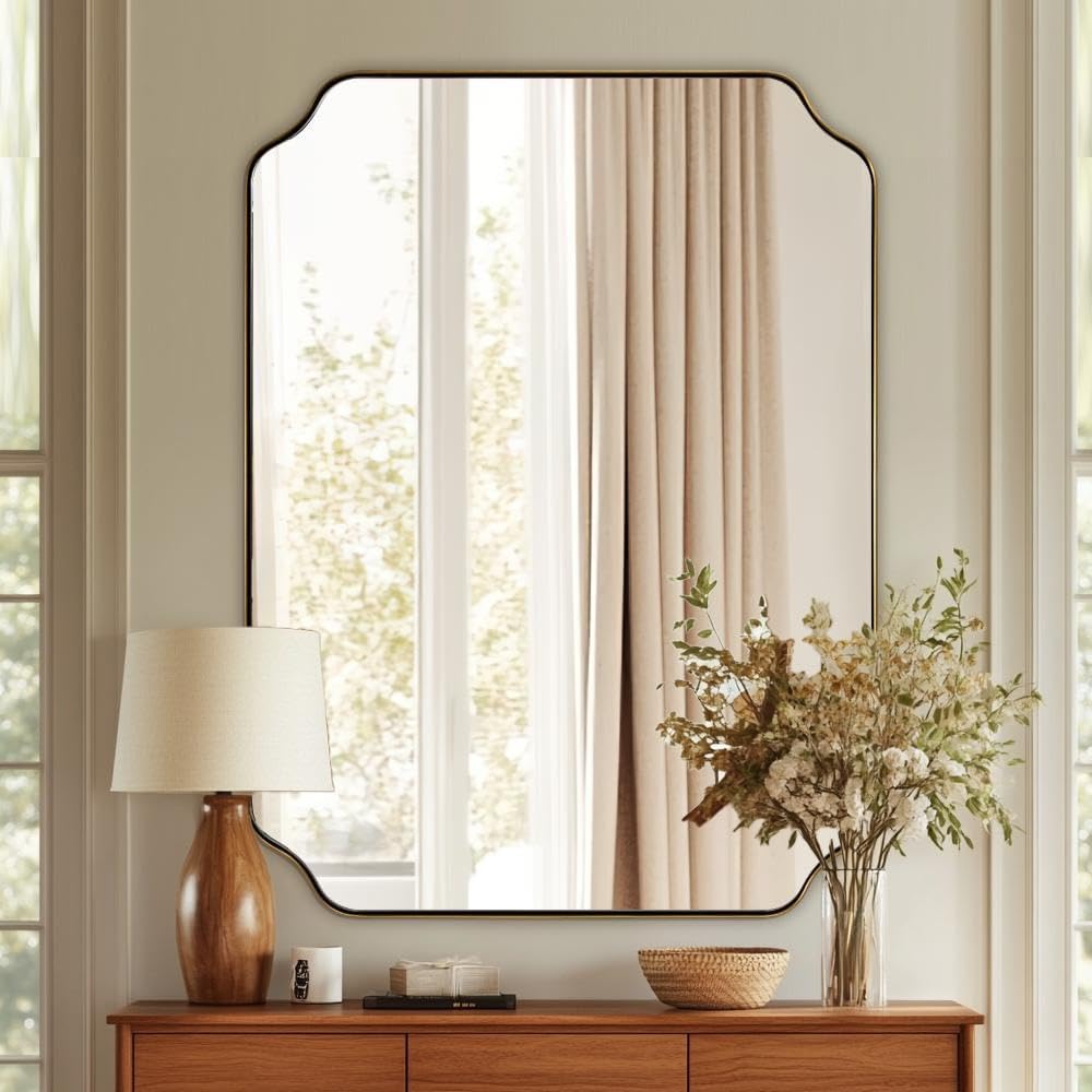 ANDY STAR 30'x40' Gold Bathroom Mirror, Large Scalloped Wall Mirror, Brushed Brass Mirror in Anti-Rust Stainless Steel Metal, Unique Rectangle Shape Decorative for Bathroom, Living Room, Entryway