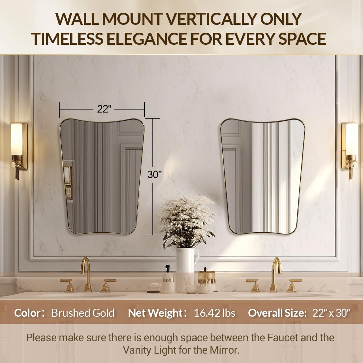 MIRRORART Contemporary 22x30'' Brushed Gold Mirrors | Brass Irregular Mirror Butterfly-Shaped /1'' Rustproof Stainless Steel Metal Frame for Bathroom Sinks/Wall-Mounted Vertical