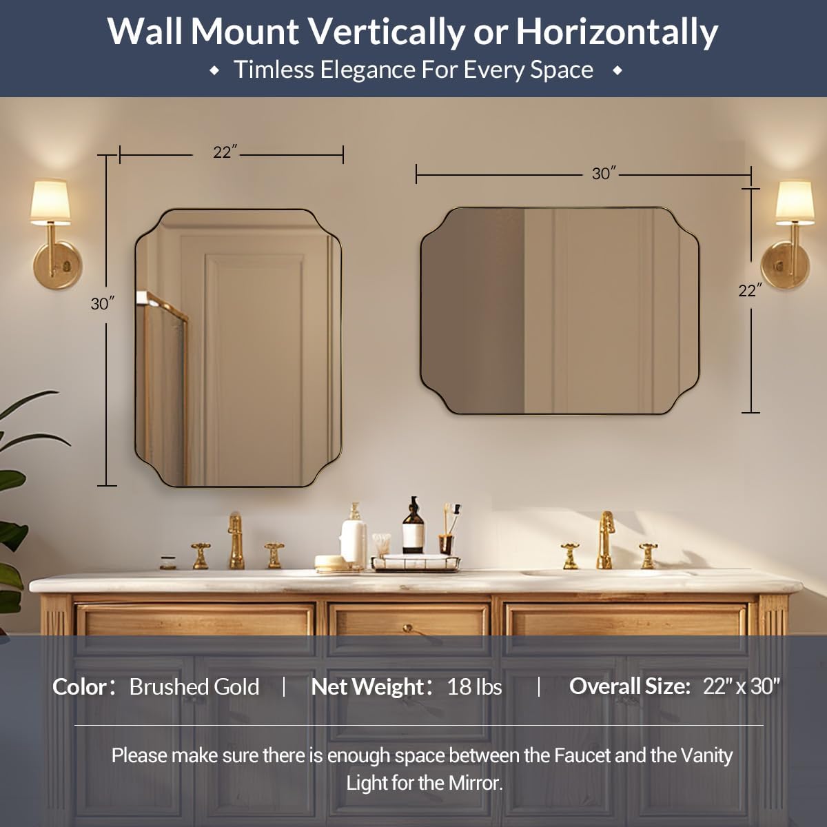 MIRRORART Gold Bathroom Mirrors 22x30'', Scalloped Brass Vanity Mirrors Rounded Notched Corner in 1'' Anti-Rust Seamless SUS304 Metal Frame Wall Mounted Vertical/Horizontal for Bathroom, Over Sinks