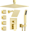 Dual Rainfall Head Shower System with 4 Body Jets, JetsBath Shower Faucet Set Double Shower Head 6-Inch Shower & 12' Rain Shower, Luxury Brushed Gold Shower Faucet Set Tandem Shower Head System