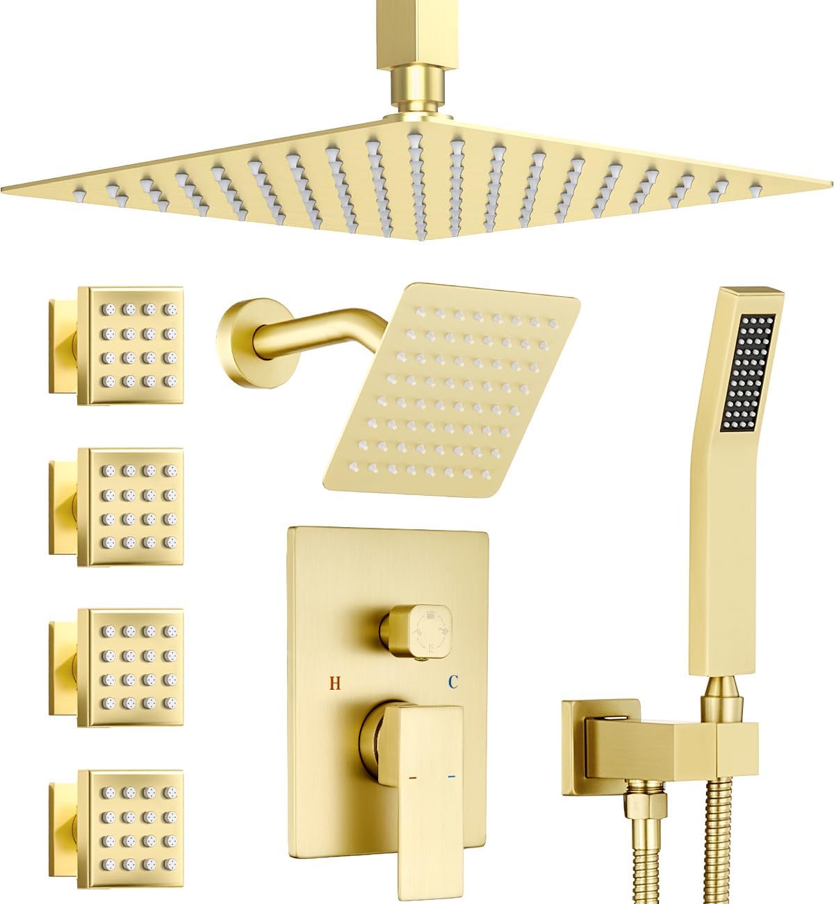 Dual Rainfall Head Shower System with 4 Body Jets, JetsBath Shower Faucet Set Double Shower Head 6-Inch Shower & 12' Rain Shower, Luxury Brushed Gold Shower Faucet Set Tandem Shower Head System