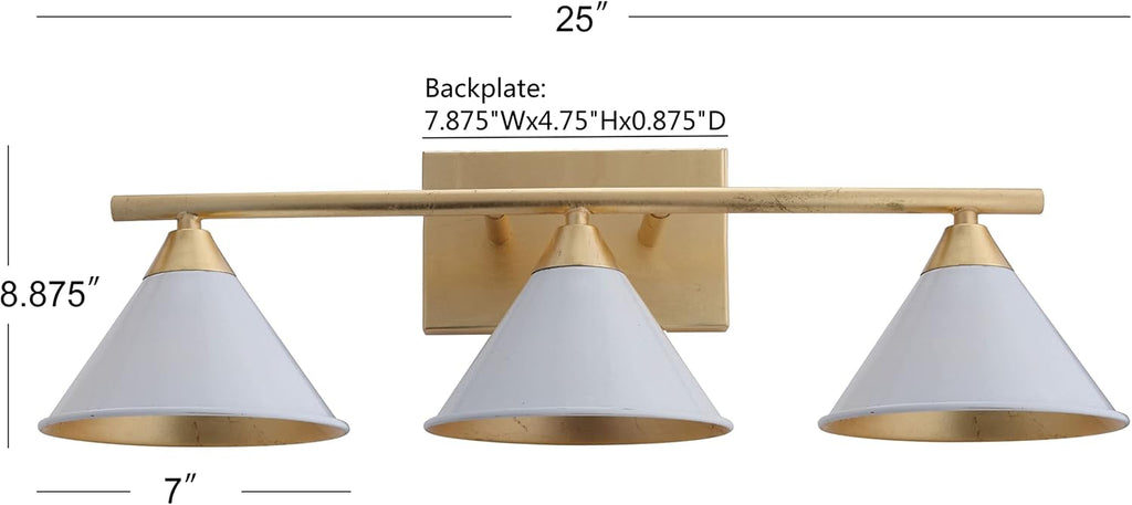 JONATHAN Y 25' White/Gold Modern Metal Vanity Light Wall Sconce for Bathroom Mirror, Bedroom, Hallway, White Metal Cone Shade, UL Listed, Hardwired, LED Bulb Included (JYL9014A)
