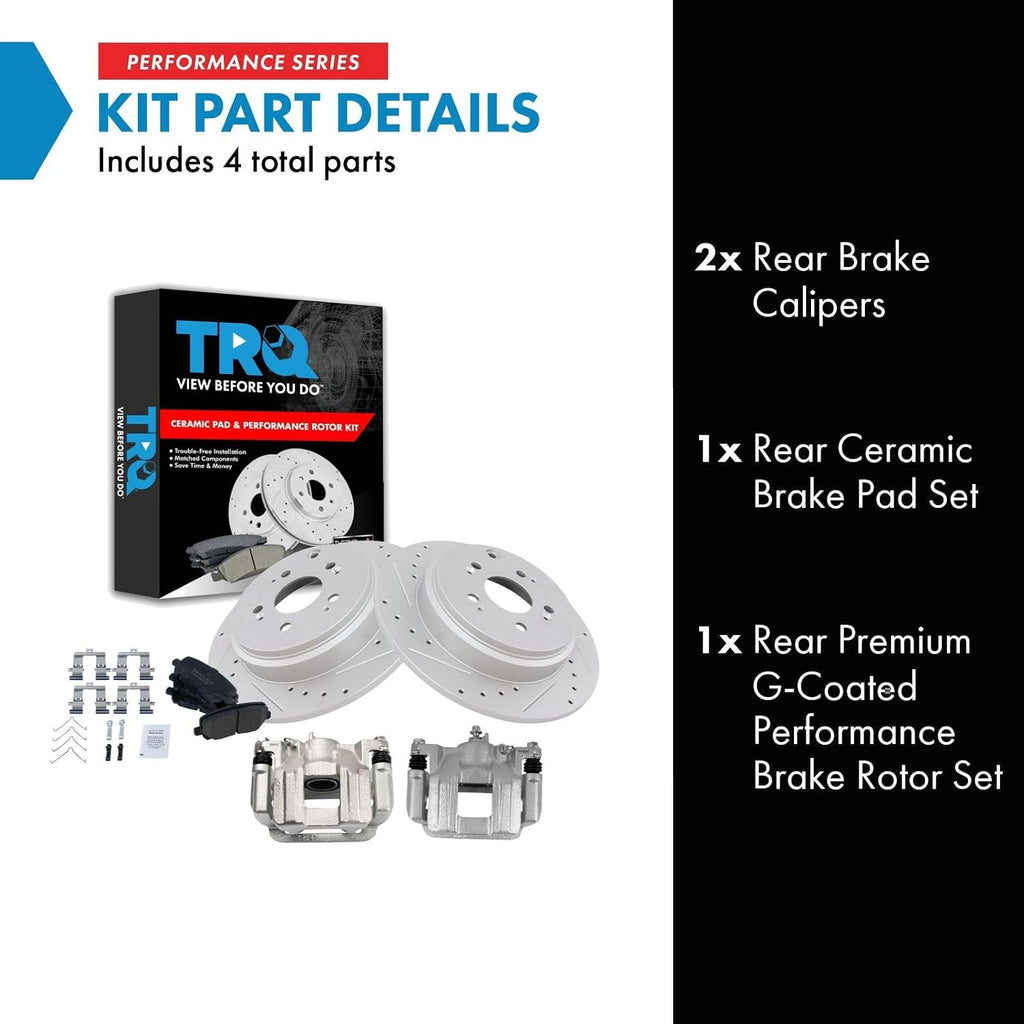 TRQ Performance Rear Brake Pad and Rotor Set Ceramic Solid G Coated Rotors Calipers Compatible with 2011-2017 Honda Odyssey