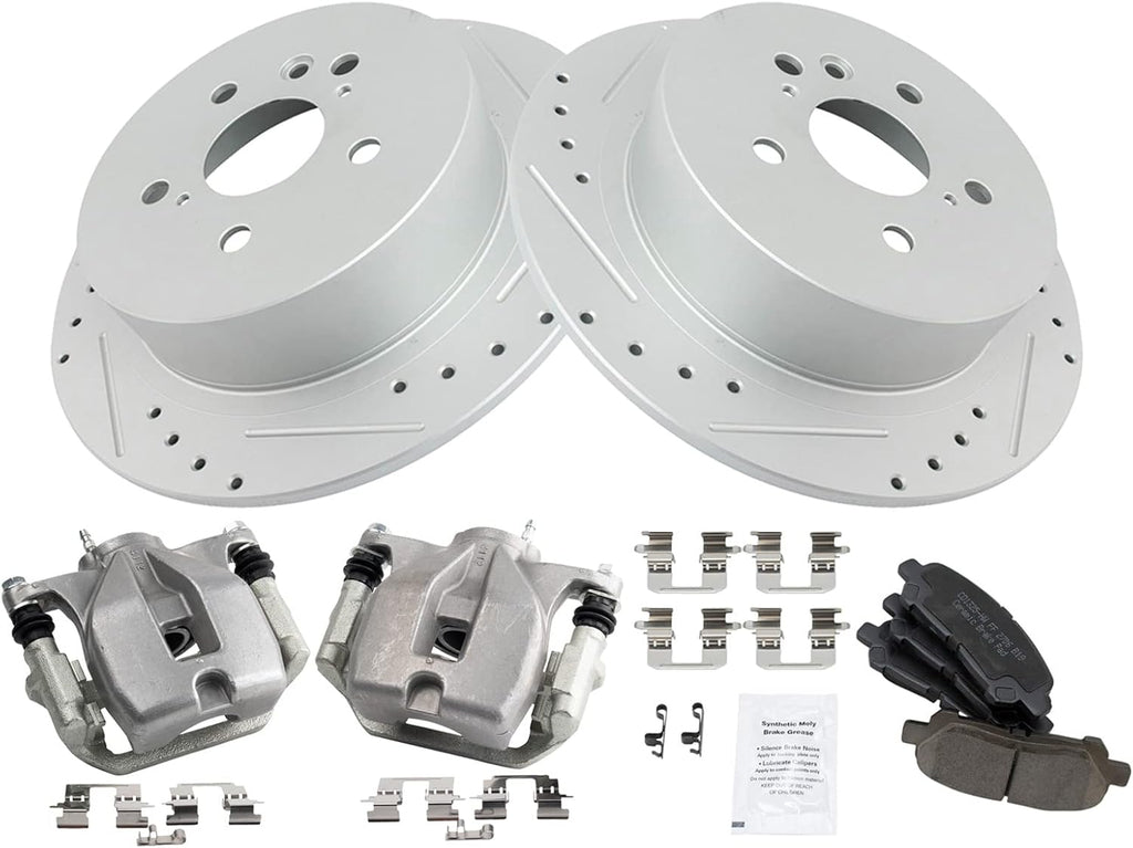 TRQ Performance Rear Brake Pad and Rotor Set Ceramic Coated Drilled Slotted Rotors Calipers Compatible with 2008-2013 Toyota Highlander
