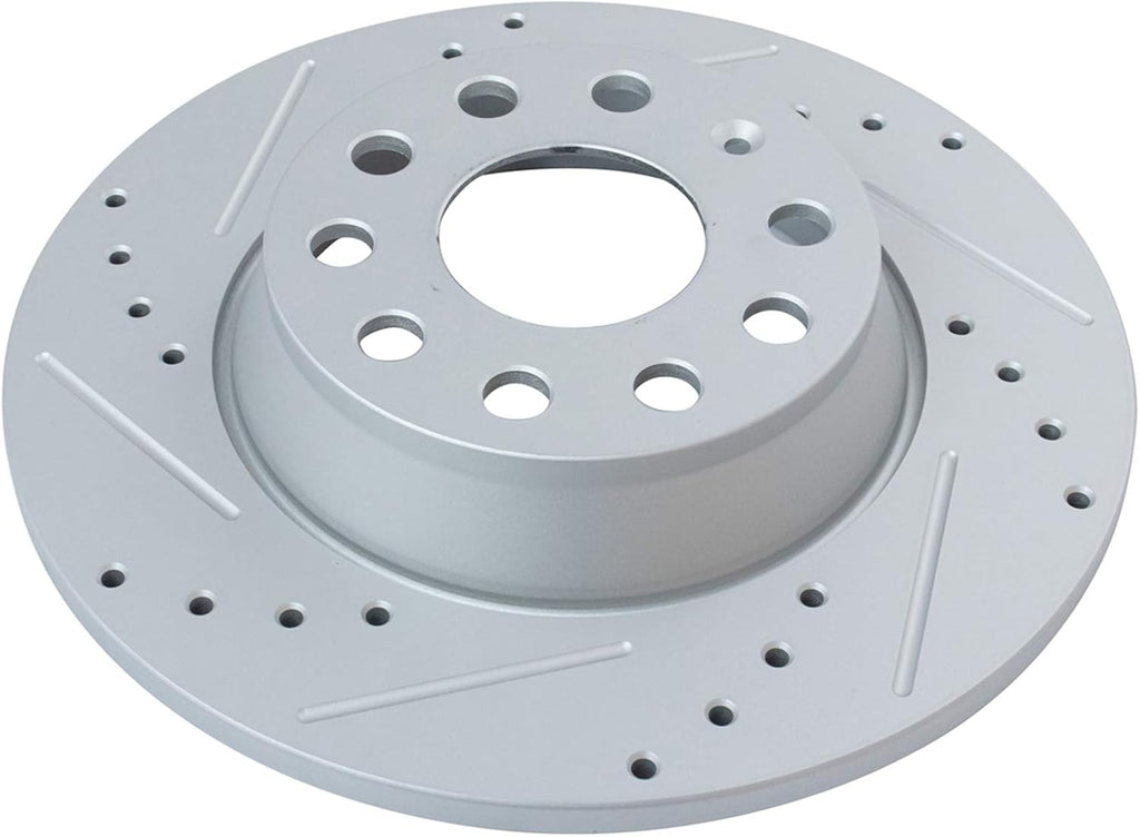 TRQ Performance Rear Brake Pad and Rotor Set Ceramic Drilled Slotted Coated Rotors Calipers Compatible with 2009-2016 Volkswagen CC 2009-2017 Tiguan 2010 Volkswagen Passat 2018 Tiguan Limited