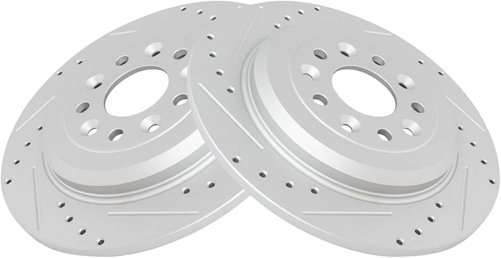TRQ Rear Brake Rotor Pad Caliper Set Ceramic Performance Slotted Drilled Compatible with 2011-2018 Ford Explorer 2010-2012 Flex 2013-2018 Taurus 2010-2013 Lincoln MKT