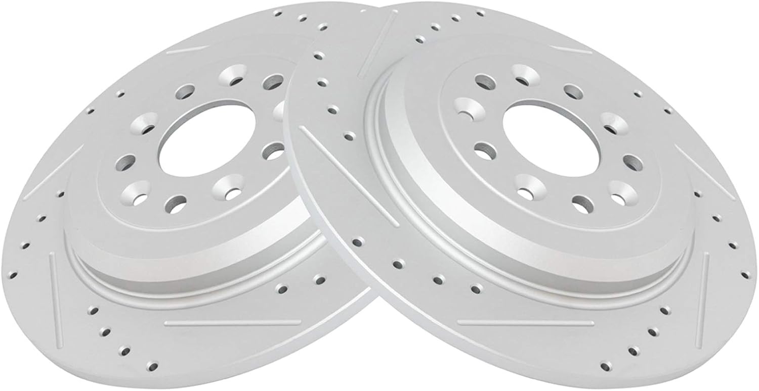 TRQ Rear Brake Rotor Pad Caliper Set Ceramic Performance Slotted Drilled Compatible with 2011-2018 Ford Explorer 2010-2012 Flex 2013-2018 Taurus 2010-2013 Lincoln MKT