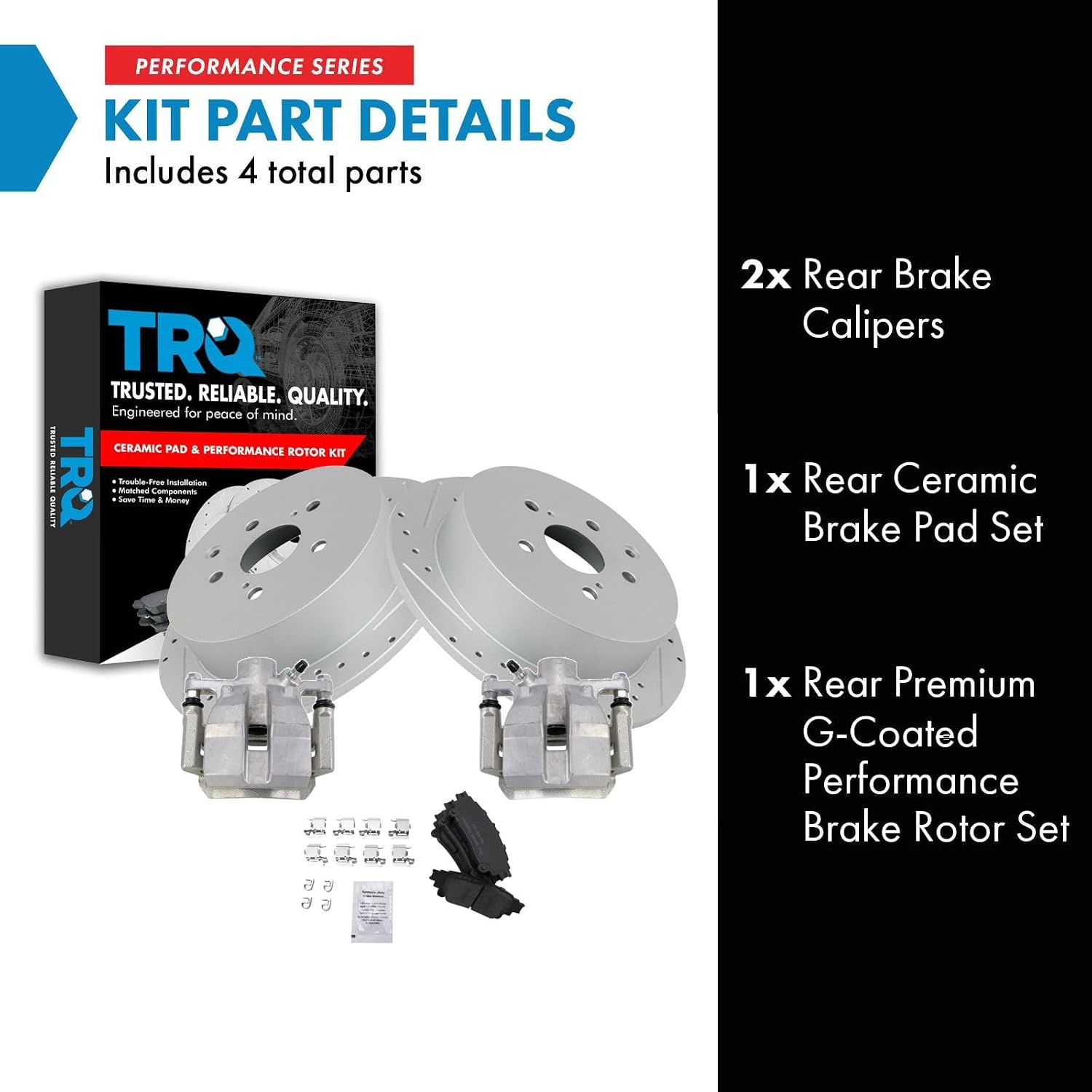 TRQ Performance Rear Brake Pad and Rotor Set Ceramic Drilled Slotted Coated Rotors Calipers Compatible with 2011-2018 Toyota Sienna 2014-2018 Highlander 2010-2015 Lexus RX350 2012-2015 RX450h