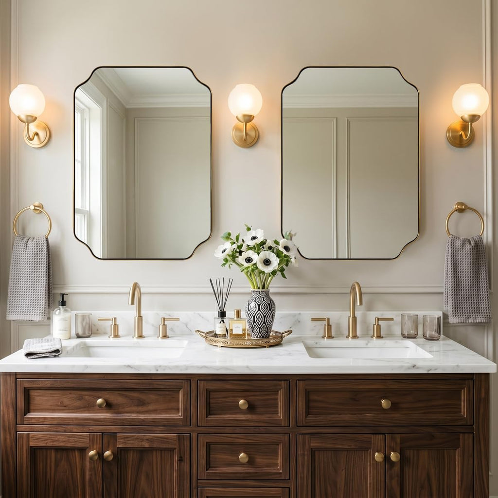 MIRRORART 20x28'' Scalloped Gold Bathroom Mirror, Brushed Brass Metal Framed Decorative Wall Mirror, Elegant Rectangle Vanity Mirror for Bathroom, Bedroom & Entryway, Modern Farmhouse Home Remodel