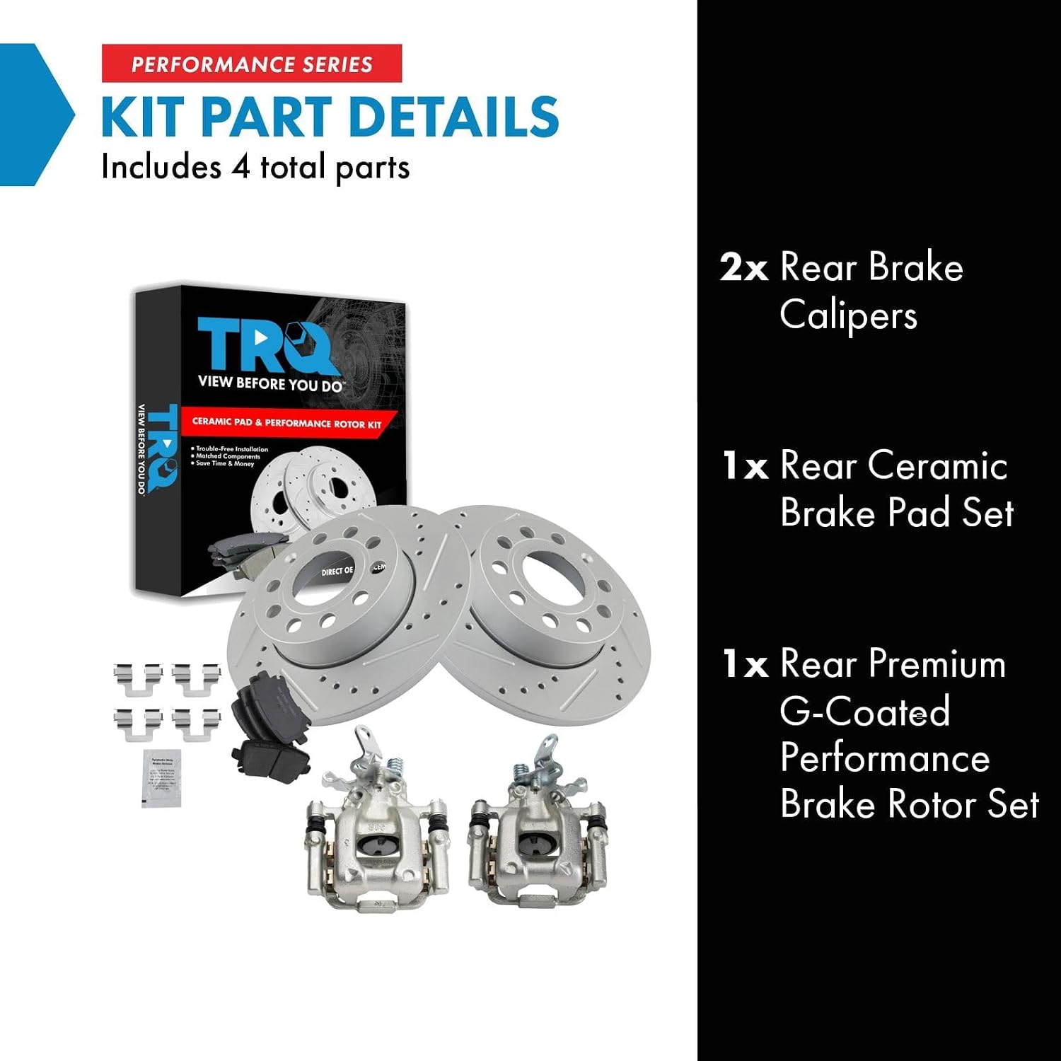 TRQ Performance Rear Brake Pad and Rotor Set Ceramic Solid Rotors Calipers Compatible with 2010 Audi A3 A3 Quattro