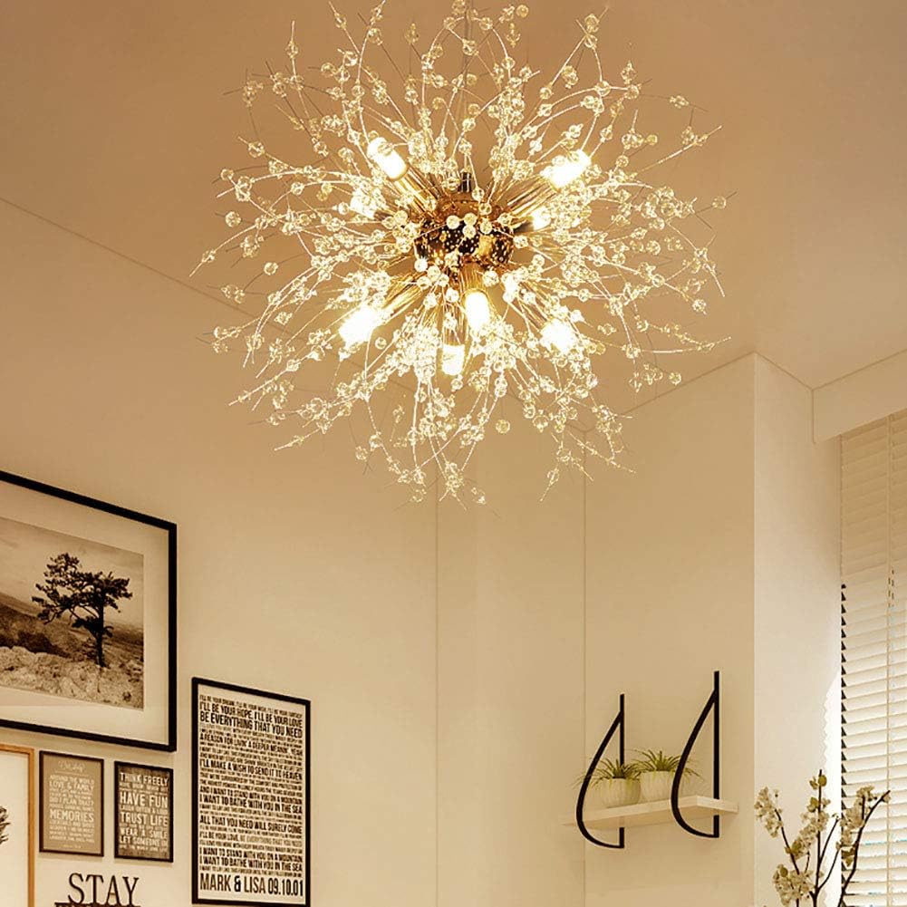 Luxurious Chandelier, Chrome Gold Silver Crystal Sputnik Chandelier V-intage Modern Firework Pendant Light Compatible with Living Room Dining Room Bathroom Foyer Restaurant Entryway