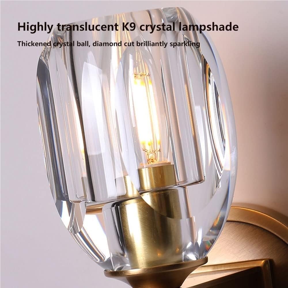 Modern Brass Wall Sconce with Faceted Crystal Shade Upward Facing Wall Light Fixture E14/E12 Base Brushed Gold Tone Bedside Lamp Contemporary Decor for Bedroom Living Room Hallway