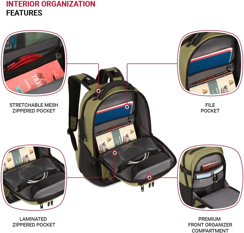 SwissGear Travel Tech Pro Laptop Backpack – Fits Laptops up to 16' – ScanSmart TSA-Friendly Backpack with Multiple Organizer Pockets – Olive