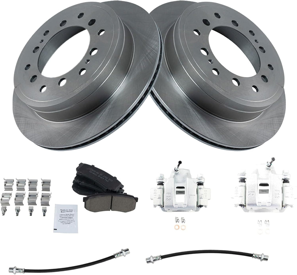 TRQ Rear Brake Pad and Rotor Set Ceramic Rotors Calipers Hoses Compatible with 2014 Toyota FJ Cruiser