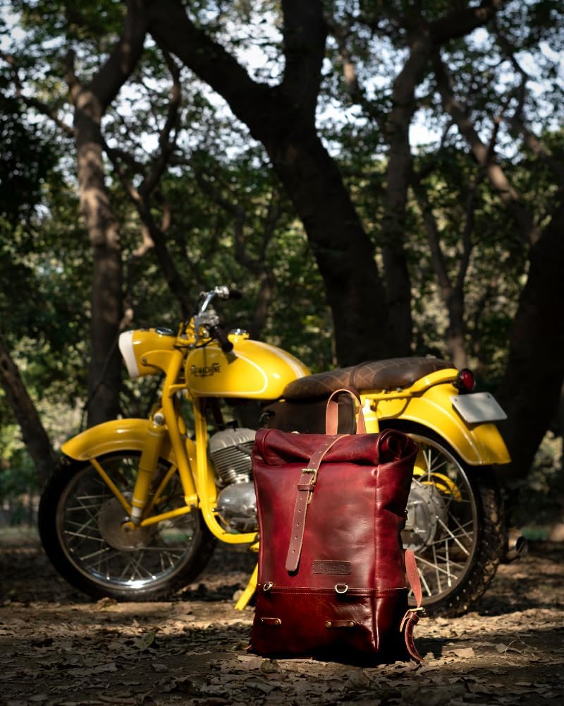 Trip Machine Company Full Grain Leather Roll Top Motorcycle Backpack Pannier – Quick Mount 15L Waterproof Laptop Bag (Cherry Red)