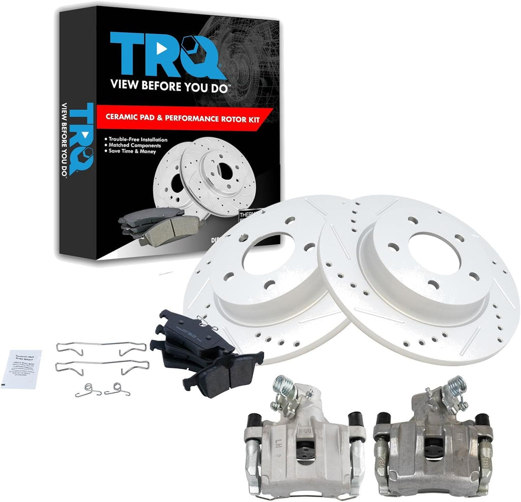 TRQ Performance Rear Brake Pad and Rotor Set Ceramic Solid Rotors Calipers Compatible with 2006-2008 Mazda 3