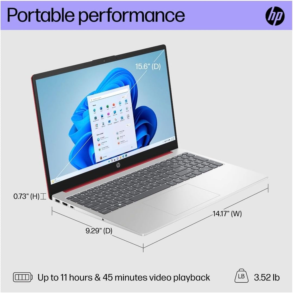 HP 15.6-Inch HD Pentium N200 1.8GHz Intel UHD Graphics 4GB RAM 128 SSD Windows 11 Laptop with 1-Year Microsoft 365 (Scarlet Red)
