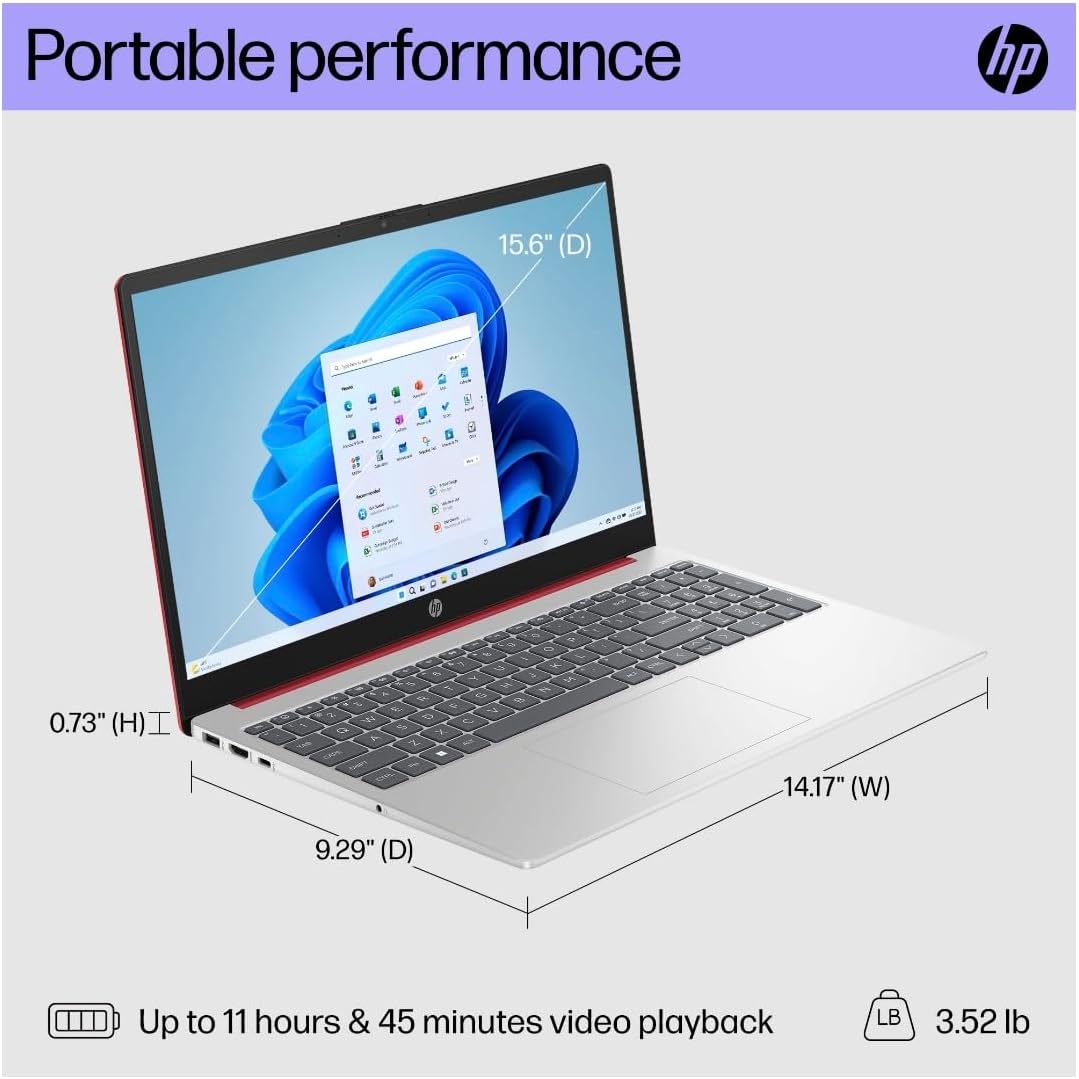 HP 15.6-Inch HD Pentium N200 1.8GHz Intel UHD Graphics 4GB RAM 128 SSD Windows 11 Laptop with 1-Year Microsoft 365 (Scarlet Red)