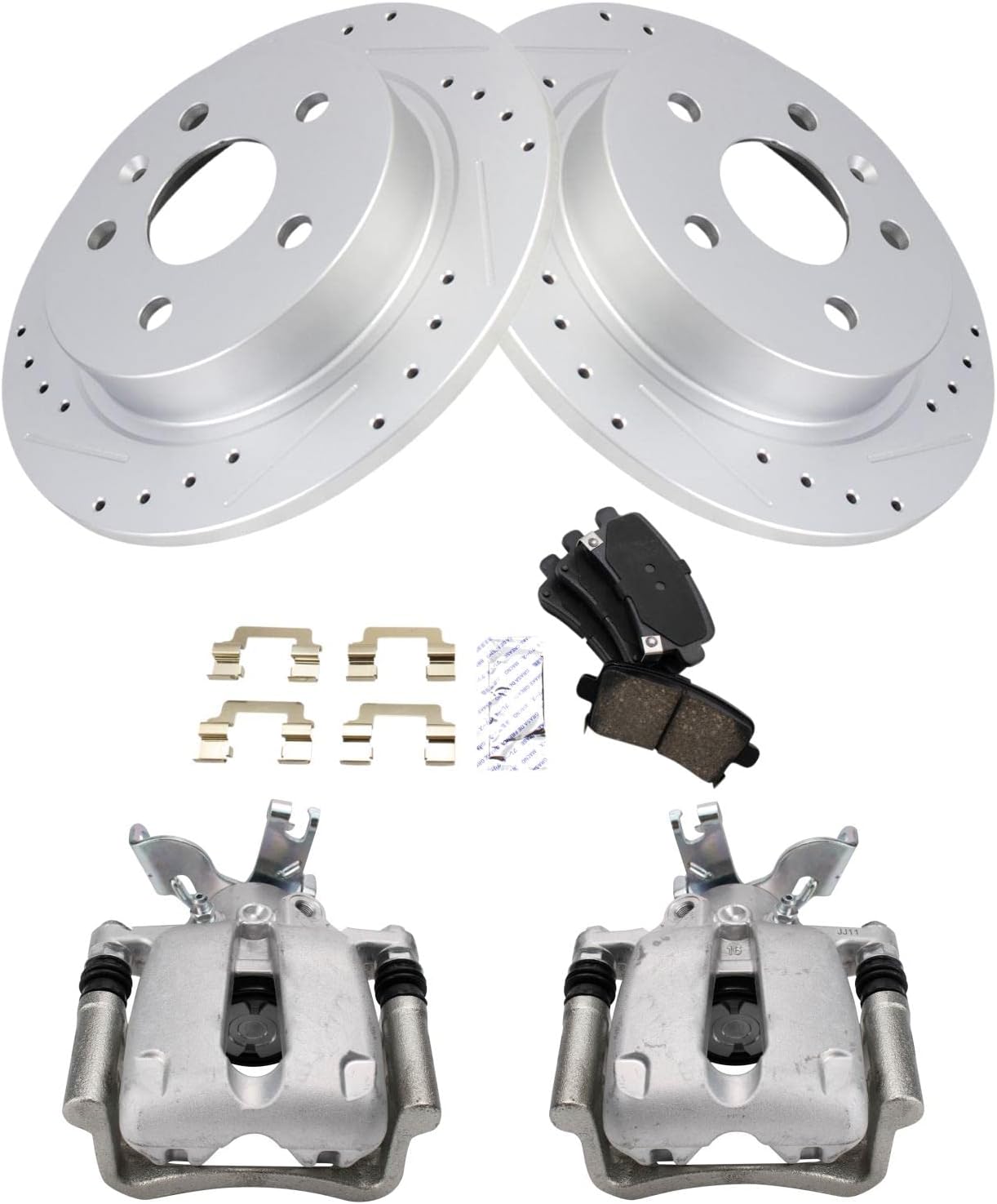 TRQ Performance Rear Brake Pad and Rotor Set Ceramic Solid Rotors Calipers Compatible with 2014-2015 Chevrolet Malibu 2016 Malibu Limited