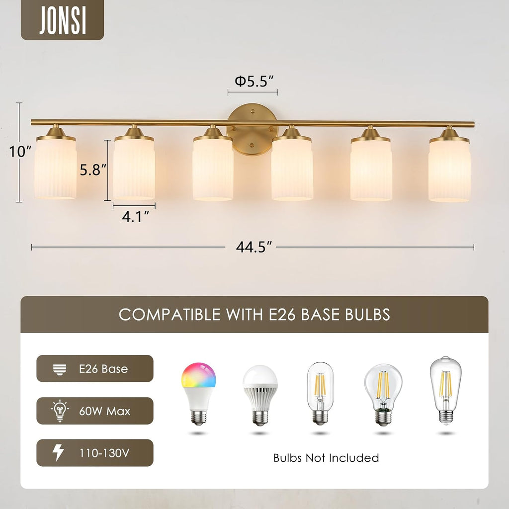Jonsi Gold Bathroom Light Fixtures 6-Light Vanity Lights Modern Wall Sconce with Milk White Shade Brushed Brass Bathroom Light Fixture Over Mirror for Bedroom Hallway Kitchen