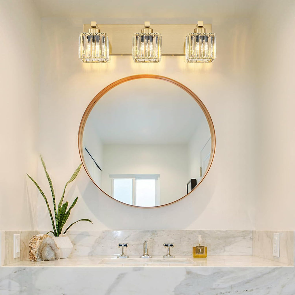 Gold Crystal Bathroom Vanity Lights Modern 3-Lights Bathroom Lighting Fixtures Over Mirror, Gold Crystal Wall Light with Square Shade