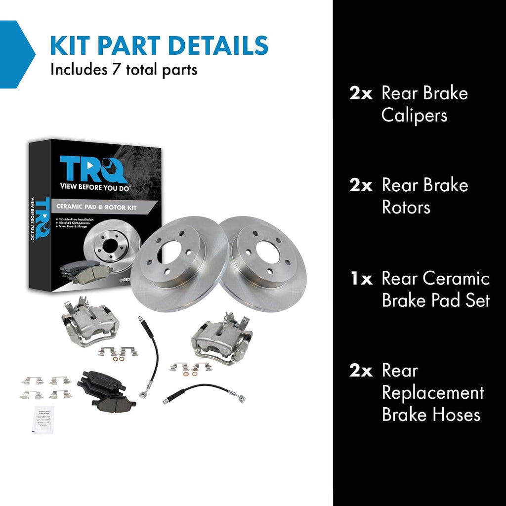 TRQ Rear Brake Pad and Rotor Set Ceramic Rotors Calipers Hoses Compatible with 2004-2012 Chevrolet Malibu 2005-2010 Pontiac G6 2007-2009 Saturn Aura