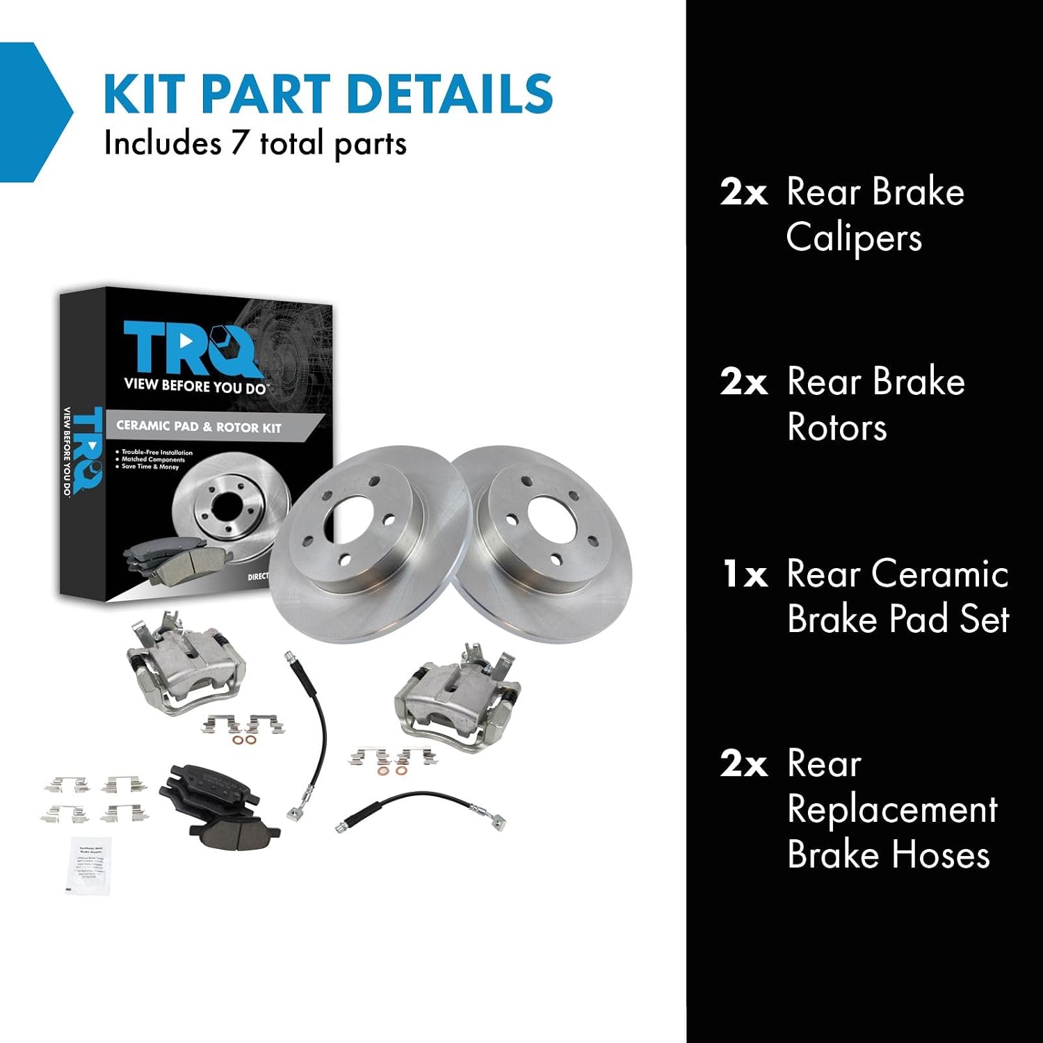 TRQ Rear Brake Pad and Rotor Set Ceramic Rotors Calipers Hoses Compatible with 2004-2012 Chevrolet Malibu 2005-2010 Pontiac G6 2007-2009 Saturn Aura