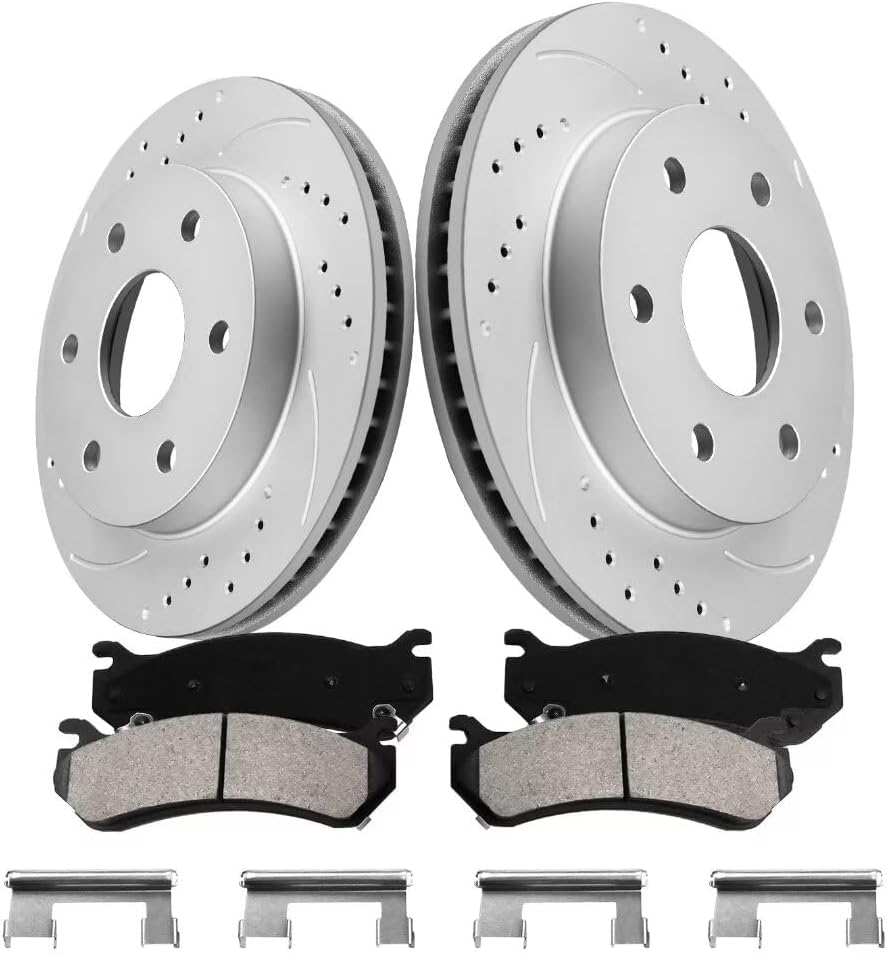 Brake Pads and Rotors Kit Front Drilled Slotted Rotors Compatible with 1999-2006 Chevy Silverado 1500, 2000-2006 Chevy Tahoe, 2000-2006 Suburban 1500 | 304.8mm(12in) Geomet Coated | 6 lugs