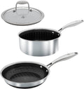 Hell's Kitchen 3-Piece Hybrid Cookware Starter Set, Tri-Clad Stainless Steel & PFAS-Free Ceramic Nonstick, no PFOA, no PTFE, no Teflon, Non Toxic Cookware, Metal Utensil Safe, All cooktops & Oven Safe