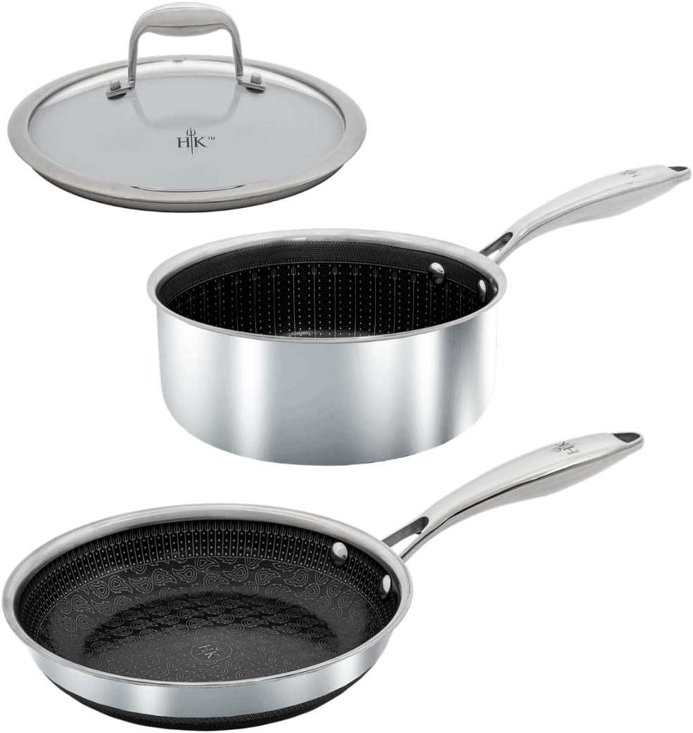 Hell's Kitchen 3-Piece Hybrid Cookware Starter Set, Tri-Clad Stainless Steel & PFAS-Free Ceramic Nonstick, no PFOA, no PTFE, no Teflon, Non Toxic Cookware, Metal Utensil Safe, All cooktops & Oven Safe