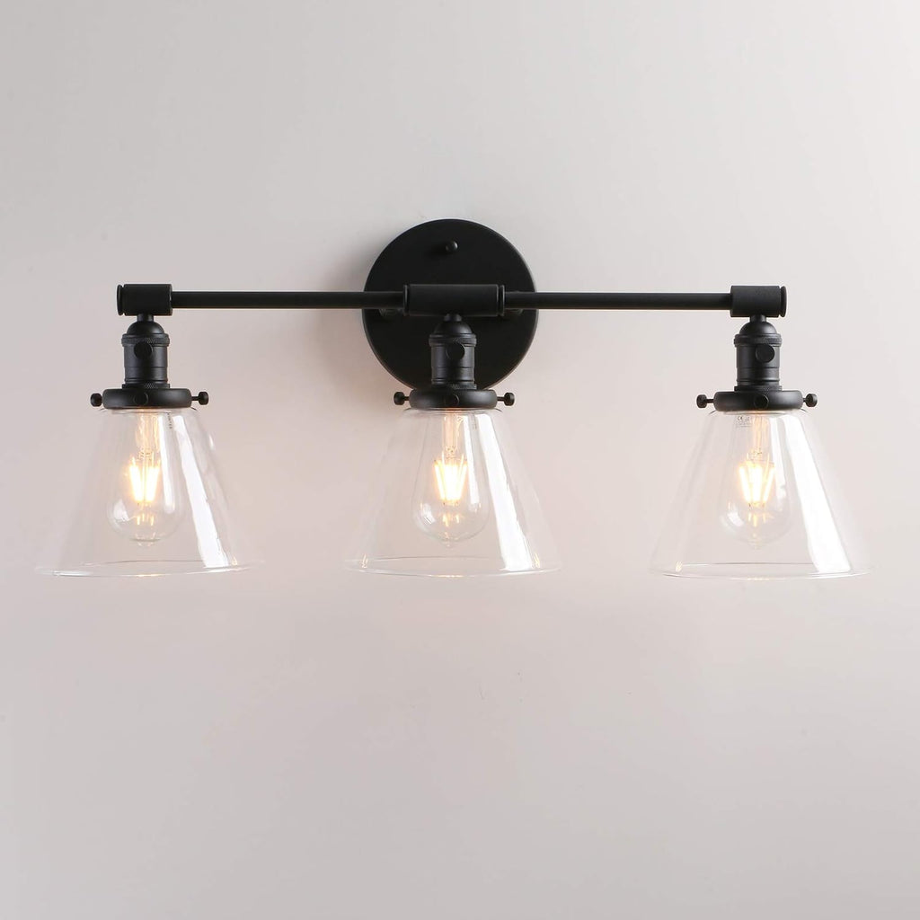 Permo Vintage Industrial Antique Three-Light Wall Sconces with Funnel Flared Clear Glass Shade (Black)