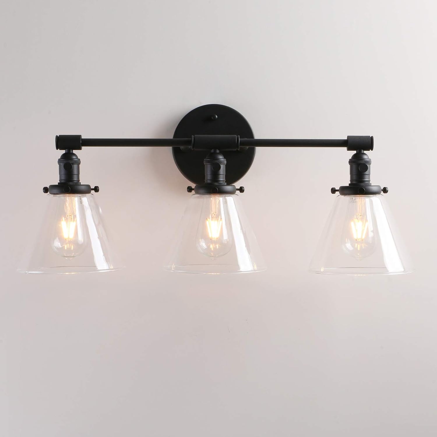 Permo Vintage Industrial Antique Three-Light Wall Sconces with Funnel Flared Clear Glass Shade (Black)