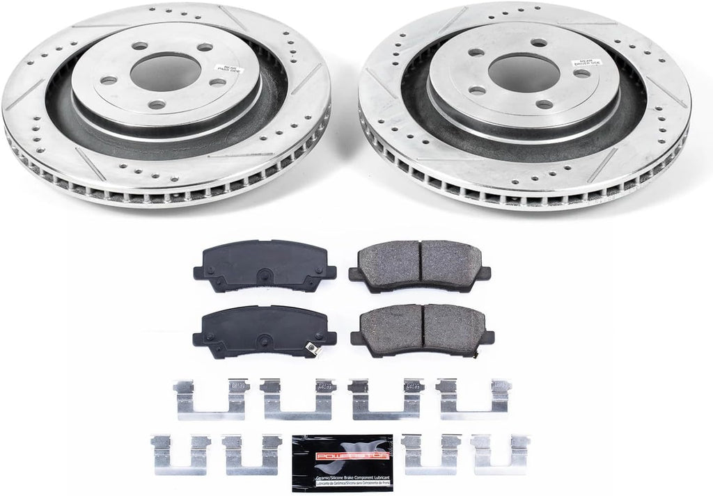 PowerStop Rear Brake Kit for Ford Mustang 2015-23 - Drilled and Slotted Disc Rotors with Carbon-Fiber Ceramic Brake Pads Replacement, K6812