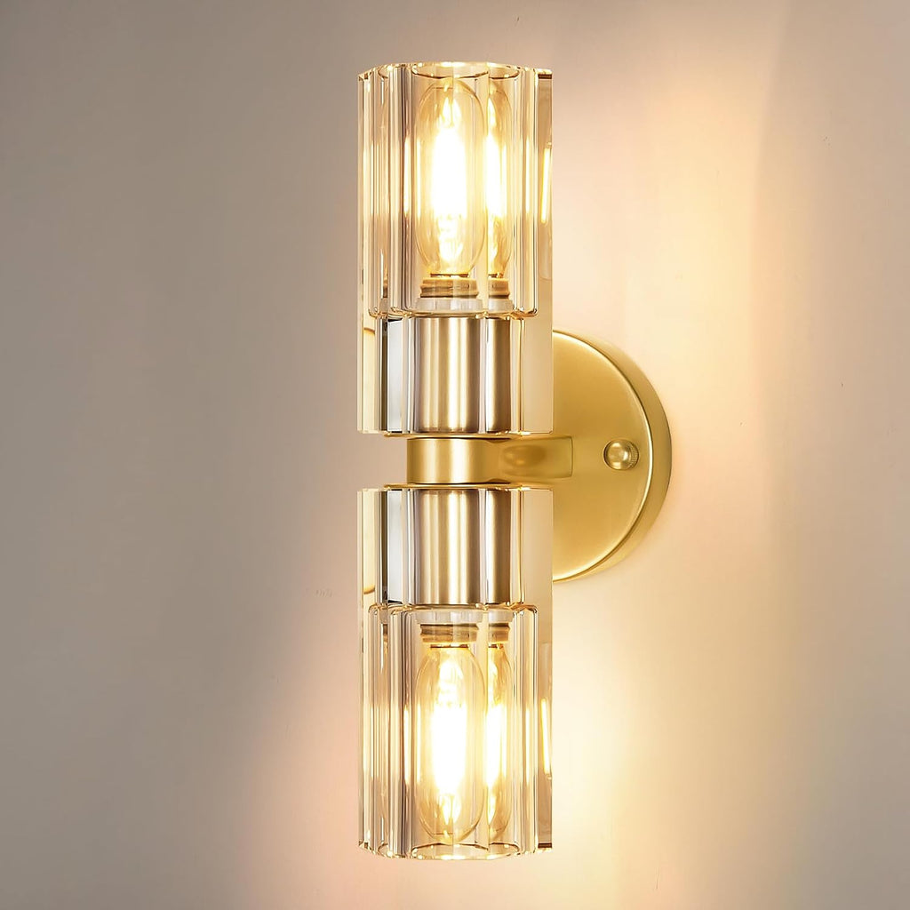 Gold Wall Sconce, Modern Bathroom Sconces Wall Lighting Vanity Light Fixtures with Clear Crystal, Hardwired Brushed Brass Wall Mount Lights for Living Room Corridor Mirror Bedroom Stairs