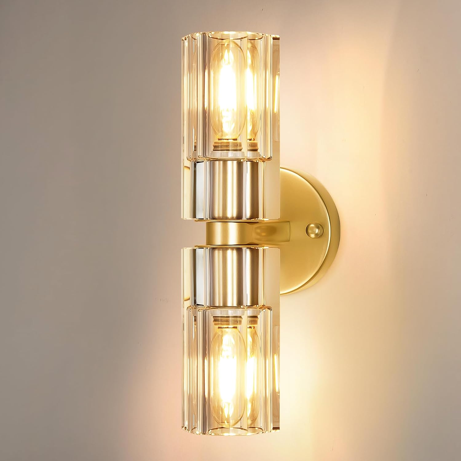 Gold Wall Sconce, Modern Bathroom Sconces Wall Lighting Vanity Light Fixtures with Clear Crystal, Hardwired Brushed Brass Wall Mount Lights for Living Room Corridor Mirror Bedroom Stairs