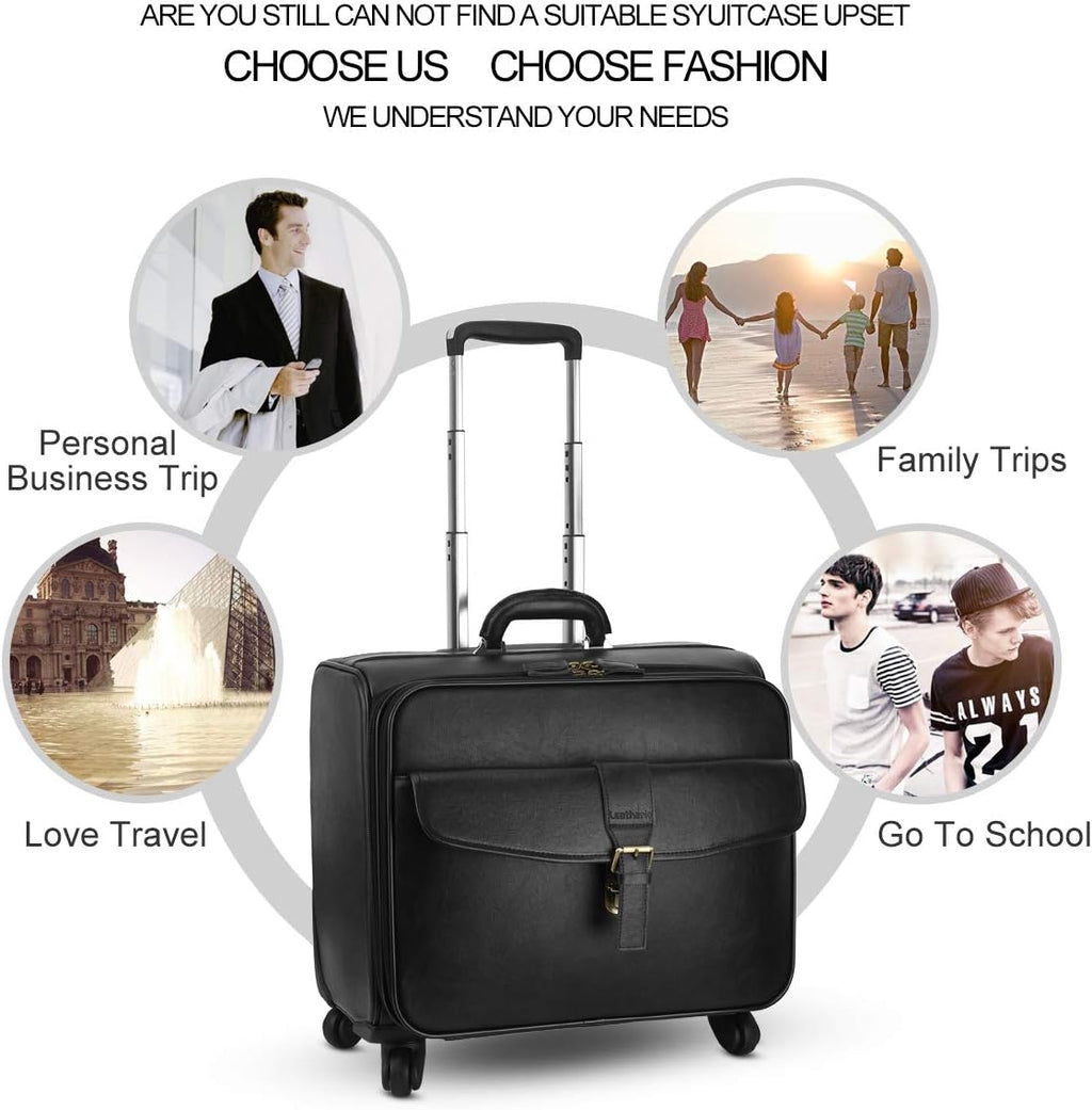 Leathario Leather Rolling Laptop Case Wheeled Briefcase Suitcase Roller Boarding