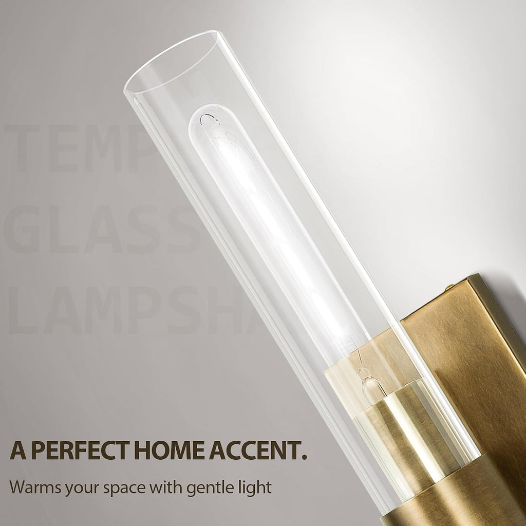 Brass and Glass Wall Sconces, 22.8' Vanity Lights for Bathroom 2 Lights, Horizontal or Vertical Linear Gold Wall Lamp, Indoor Sconces Wall Lighting, Tube Sconce for Living Room, Hallway