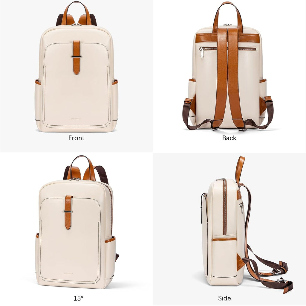 BOSTANTEN Leather Laptop Backpack for Women,15.6 inch Computer Backpack Purse College Daypack Work Travel Bag Beige-White