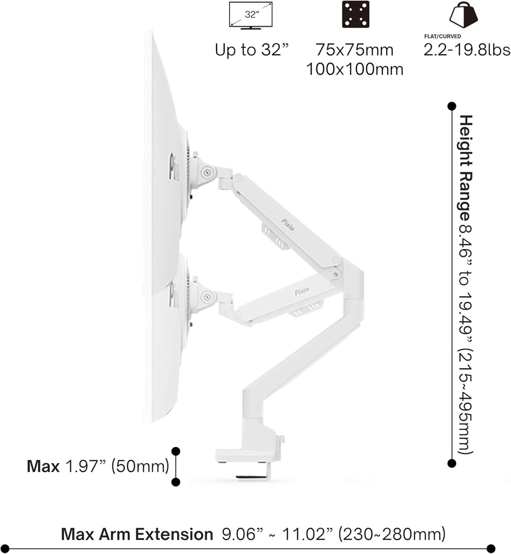 Pixio PX278 Wave White 27 inch 180Hz Refresh Rate FHD 1440p Resolution Fast IPS Panel 1ms GTG Response Time Gaming Monitor and PS1S Wave White Single Monitor Arm - Fits up to 32 inches and 19.8lbs