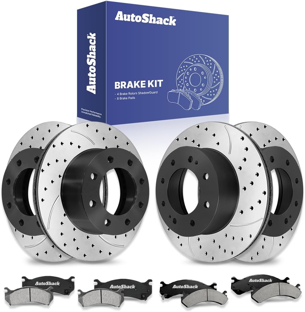 AutoShack Front & Rear Brake Rotors & Ceramic Pads for Chevrolet & GMC, Silverado 2500 HD 2001-2010 Sierra 2500 HD 2001-2010, 4WD RWD V8 6.0L 6.6L 8.1L - E-Coated Drilled & Slotted - ShadowGuard