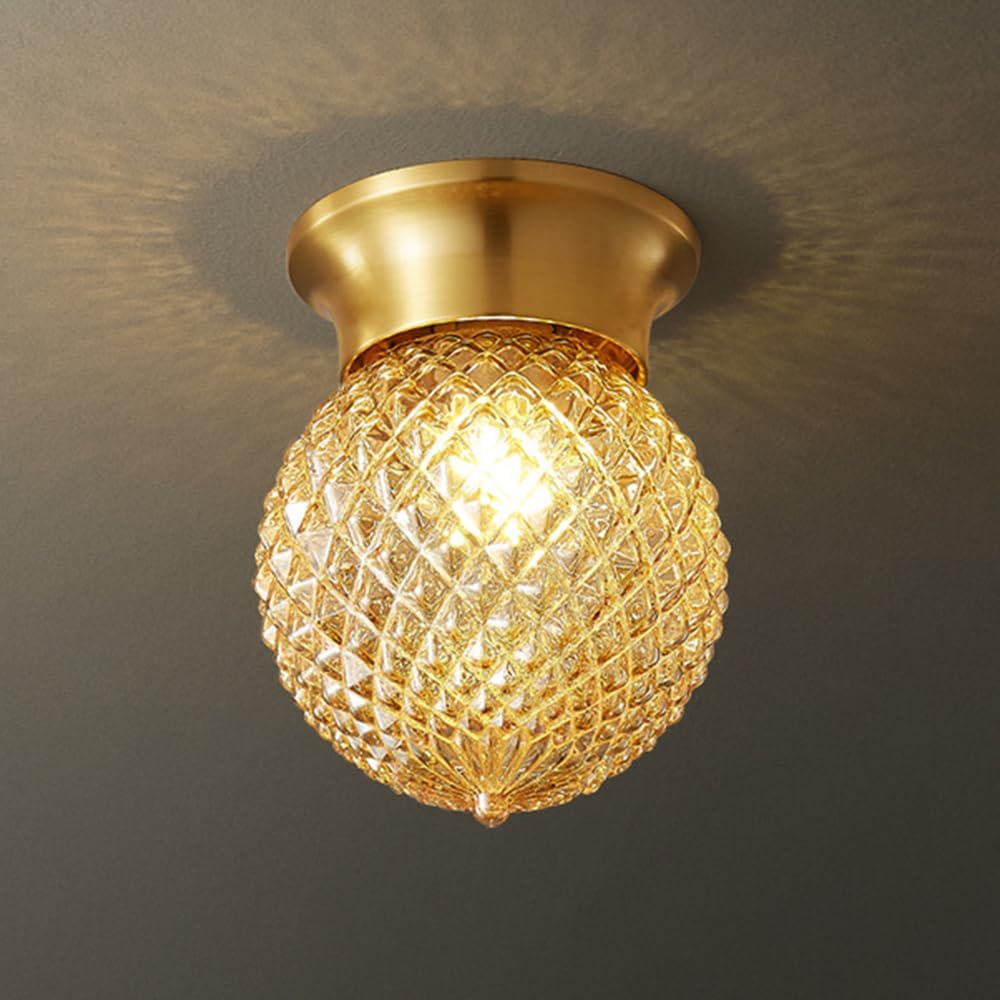 Ceiling Lights Modern Brass Flush Mount Ceiling Light Fixture with Textured Glass Globe Shade Base Gold Tone Hallway Entryway Balcony Lamp for Small Spaces Decor(A)