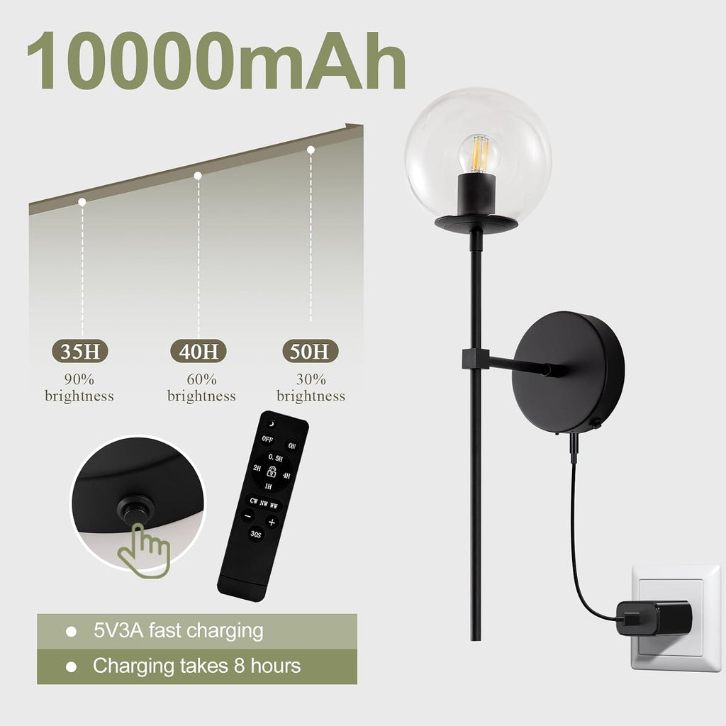Black Battery Operated wall Sconce Set of 2 Glass Globe 3000~6000K Rechargeable Wall Light Fixture Wireless Wall Lights with Clear Glass Shade for Living Room, Hallway, Bedroom(2 Pack)