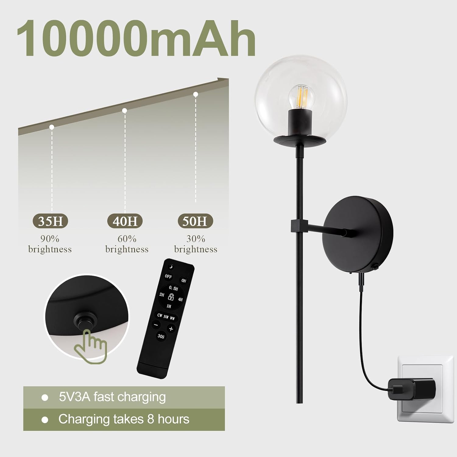 Black Battery Operated wall Sconce Set of 2 Glass Globe 3000~6000K Rechargeable Wall Light Fixture Wireless Wall Lights with Clear Glass Shade for Living Room, Hallway, Bedroom(2 Pack)