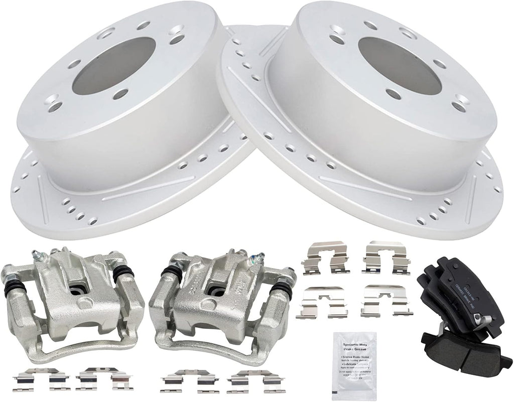 TRQ Performance Rear Brake Pad and Rotor Set Ceramic Coated Drilled Slotted Rotors Calipers Compatible with 2010-2013 Kia Soul
