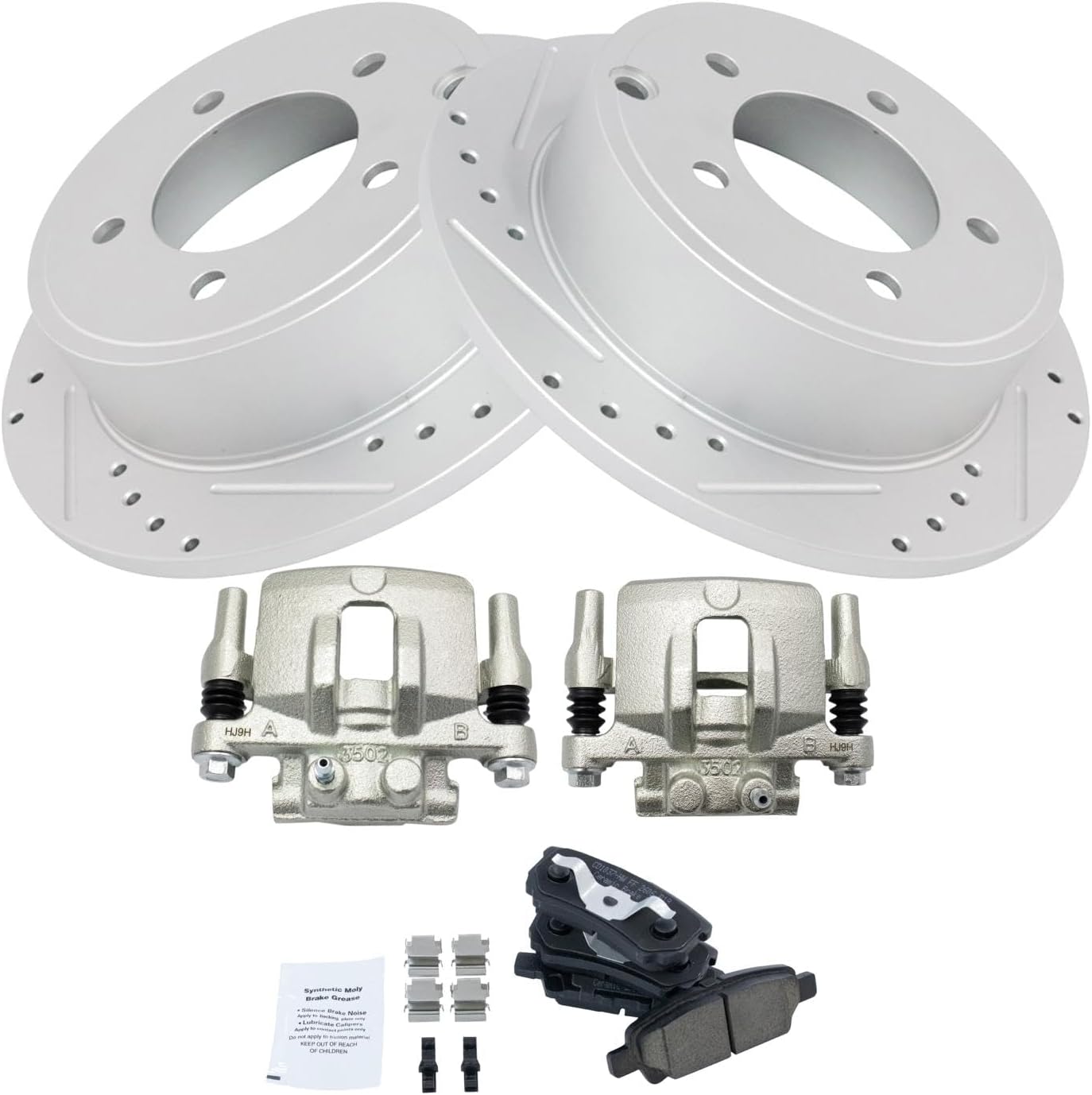 TRQ Performance Rear Brake Pad & Rotor Set Ceramic Drilled Coated Rotors Calipers Compatible with 07-10 Chrysler Sebring 11-14 200 08-14 Dodge Avenger 07-12 Caliber 07-17 Jeep Compass Patriot