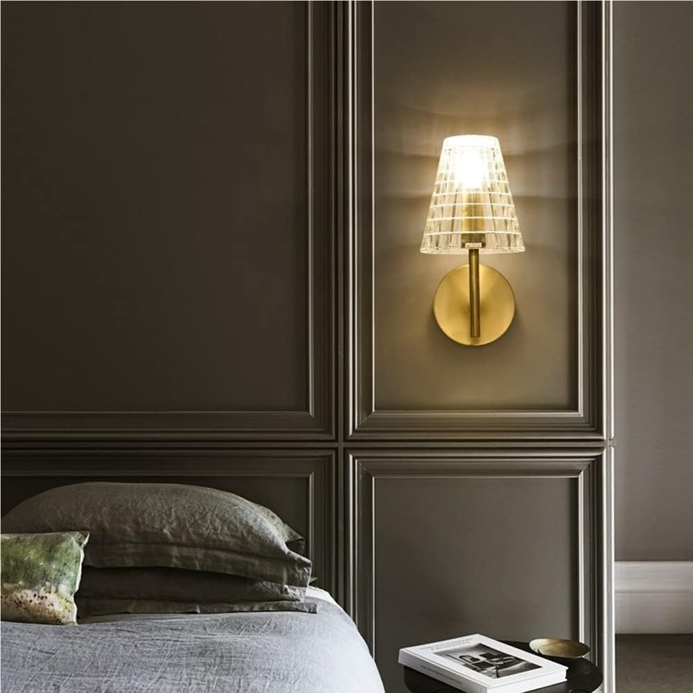 Brass Wall Sconces with Glass Shade, Vintage Industrial Wall Lamp Lighting E14/E12 Base, Gold Tone Bedroom Light Fixture for Living Room Bathroom Hallway