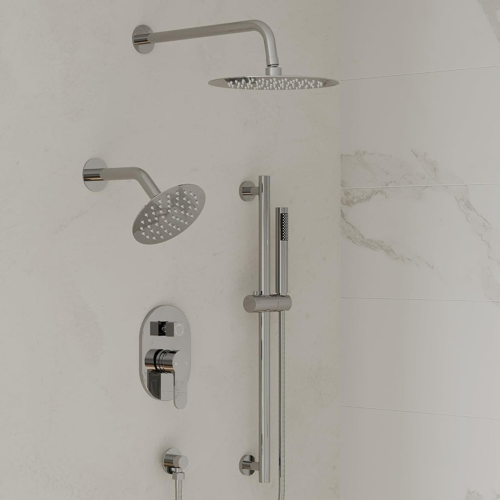 Wall Mount 10' High-Pressure Rainfall Shower Faucet with Slide Bar, Dual Rainfall Shower Head System with Valve (Polished Chrome)