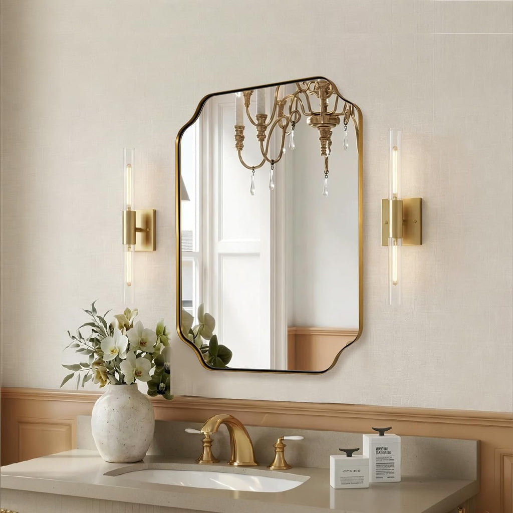 MIRRORART Gold Bathroom Mirrors 24x32 Inch, Brushed Brass Scalloped Mirrors for Bathroom, Notched Corner Rectangle Mirror in 1'' Stainless Steel Metal Frame Hang Vertical/Horizontal Home Remodel