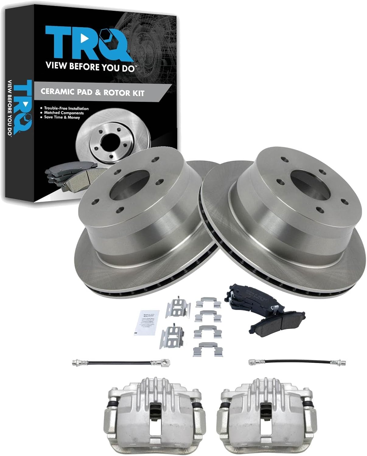 TRQ Rear Brake Pad and Rotor Set Ceramic Rotors Calipers Hoses Compatible with 1998-2003 Chevrolet S10 GMC Sonoma